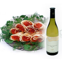 Pancakes with red caviar and bottle of white wine. Shop in Ukrainian Marriage Agency.